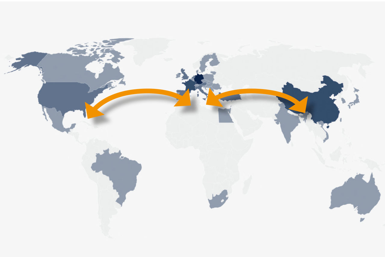 World map with arrows from Europe to western and eastern countries with ENX Network Accesses